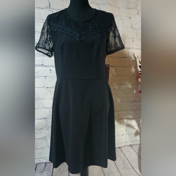 Short Sleeve Woven Lace Yoke Shift Dress Nanette Leopore Black - Picture 12 of 16